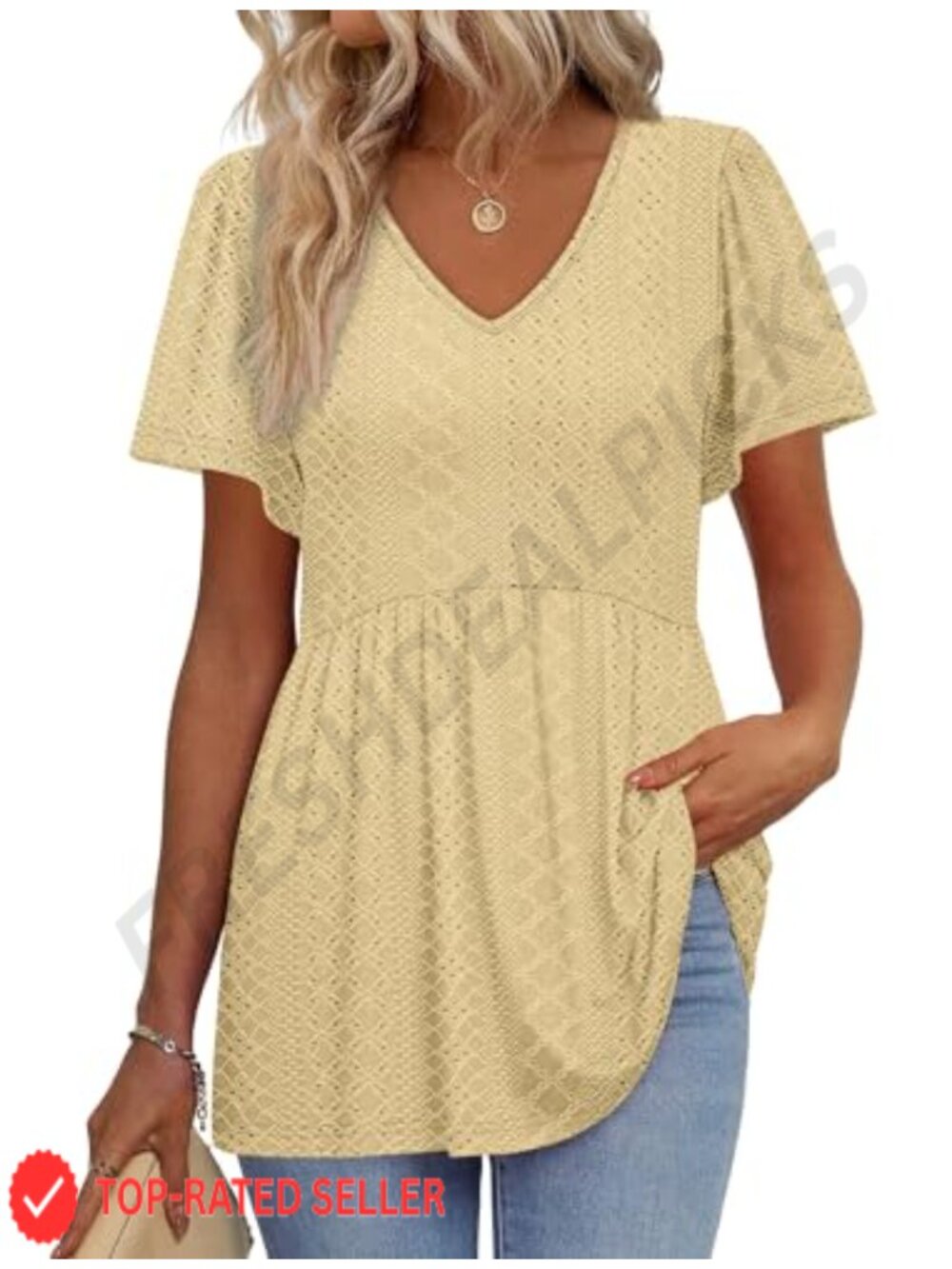 Womens Babydoll Peplum Top Short Puff Sleeve V Neck Flowy Tunic Shirt